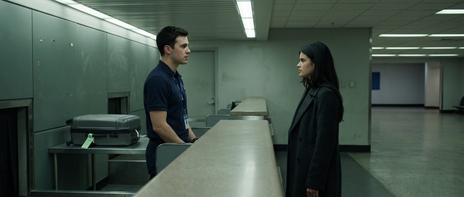 Wide shot of an empty airport baggage service counter under fluorescent light. Elise stands at the counter in her coat, seen from the side; Trevor is behind it, and a grey hardshell suitcase with a green tag sits on a steel shelf eight feet behind him.