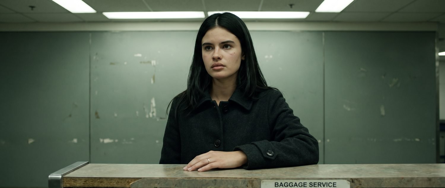 Medium close-up of Elise at the counter, framed from the waist up with both hands flat and still on the laminate, coat still buttoned, looking at Trevor rather than at her hands.
